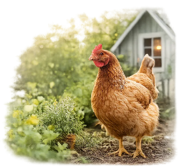 A hen in a backyard garden in front of a coop